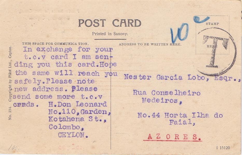 0351 v.jpg -     Lote:    351 (verso)            Açores       Descrição:         Porteados. Açores. Postal ilustrado circulado de Ceilão para a Horta (29.01.34) com insuficiência de franquia e porteado em 10c (manuscrito a lápis).        PI       Valor Base:     &euro; 8,00     Valor Venda:     &euro; 8,00     